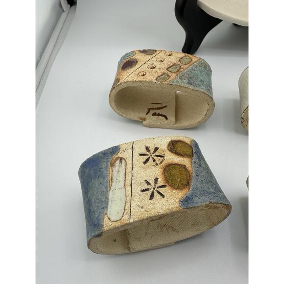 Vintage Hand Made Ceramic Slab Formed Bowl w/ 6 Naplin Rings 1998 Blue Cream - Picture 5 of 10